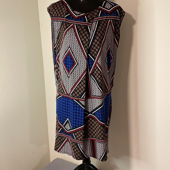 Worthington geometric print shift dress crossover front exposed zipper back M - Picture 2 of 10